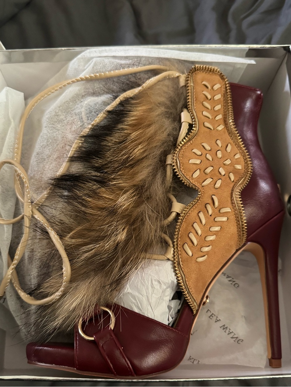 AKIRA Red and Tan Fur-Trim Lace-Up Stiletto Booties - Picture 3 of 16